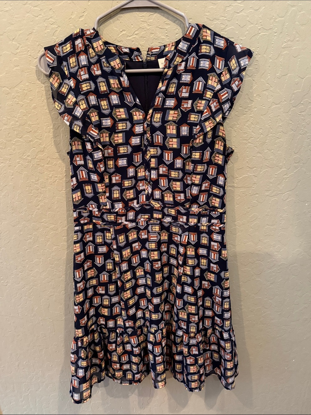 Maison Jules Navy Dress with Orange and Cream Geometric Window Print